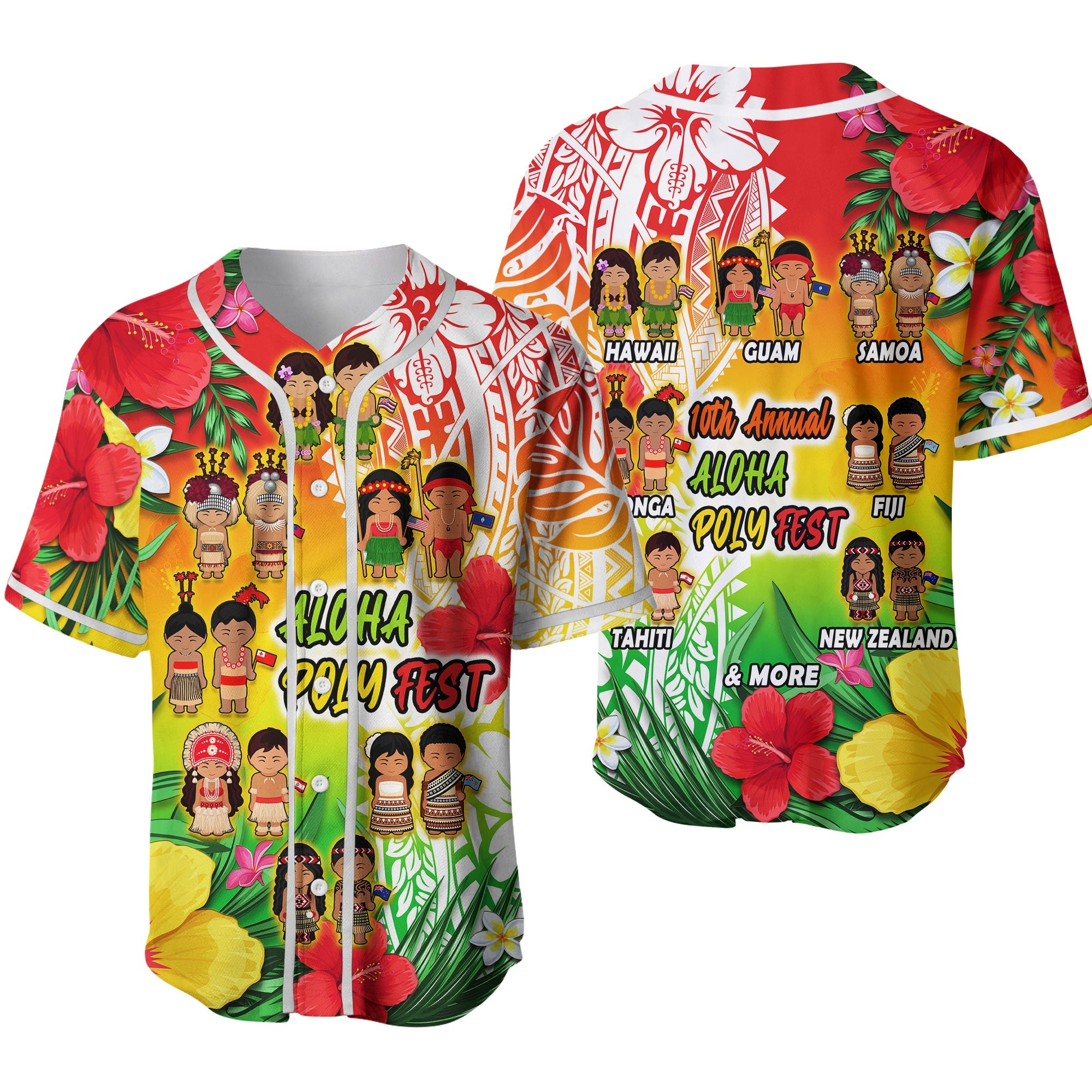 Aloha Poly Fest Baseball Jersey Polynesian Pattern With Tropical Flowers White Strip LT14 Reggae - Polynesian Pride