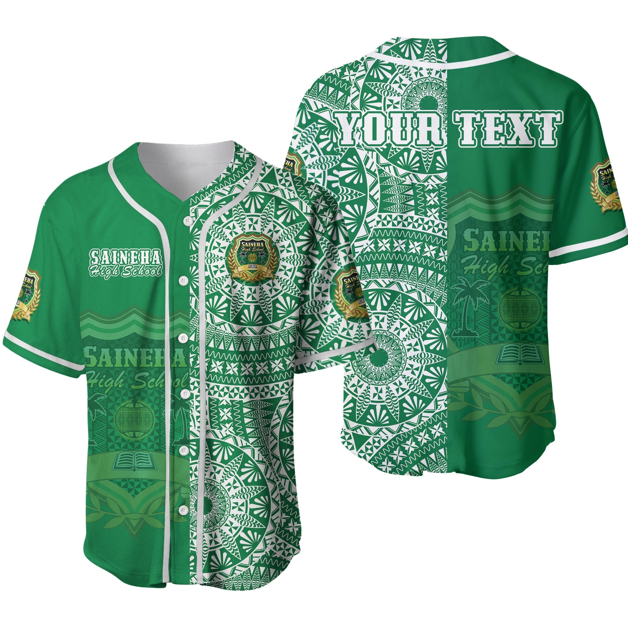 (Custom Personalised) Tonga Saineha High School Baseball Jersey Tongan Ngatu Pattern Ver.02 LT14 Green - Polynesian Pride