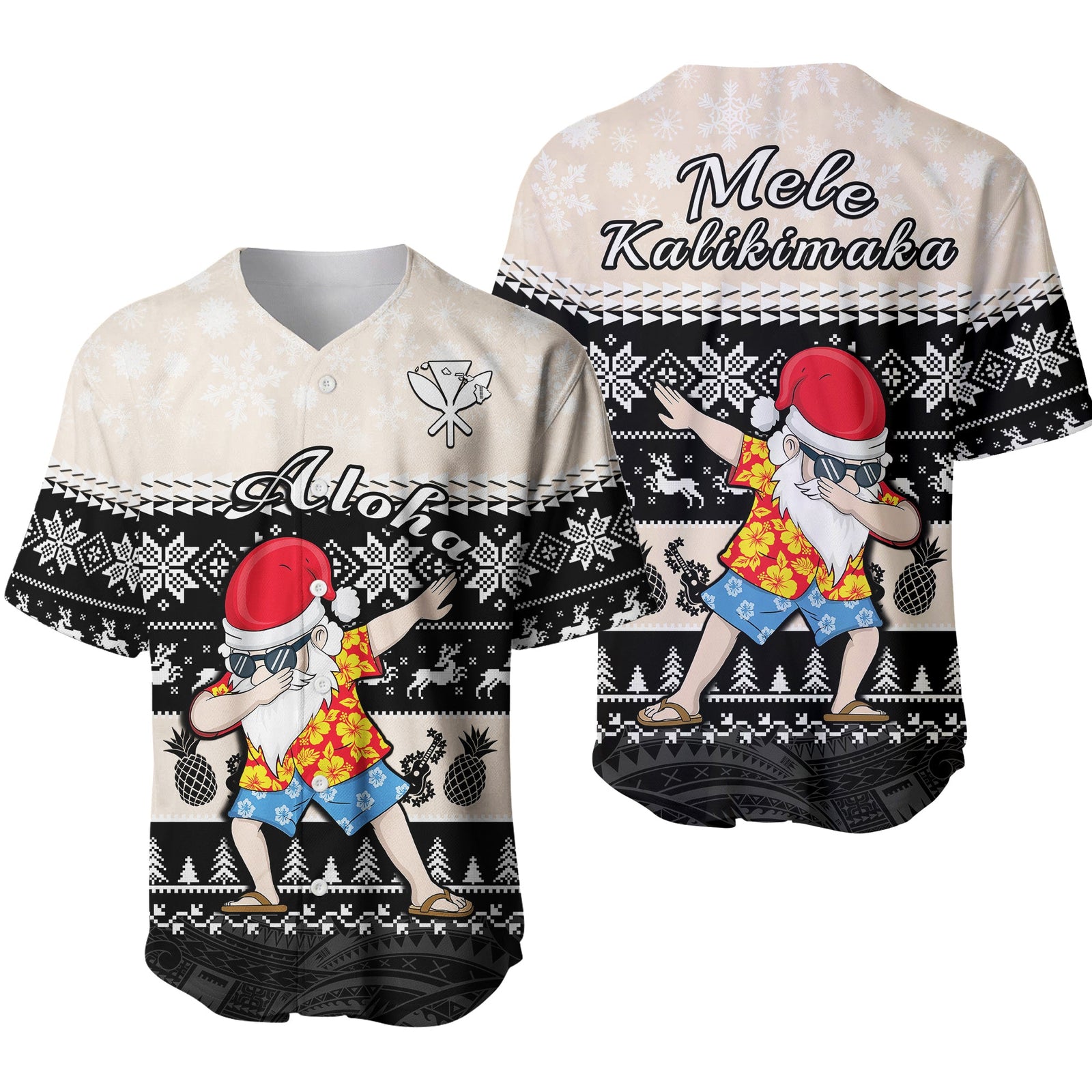 Hawaii Mele Kalikimaka Baseball Jersey Dabbing Santa Black Merry Christmas LT14 Black - Polynesian Pride