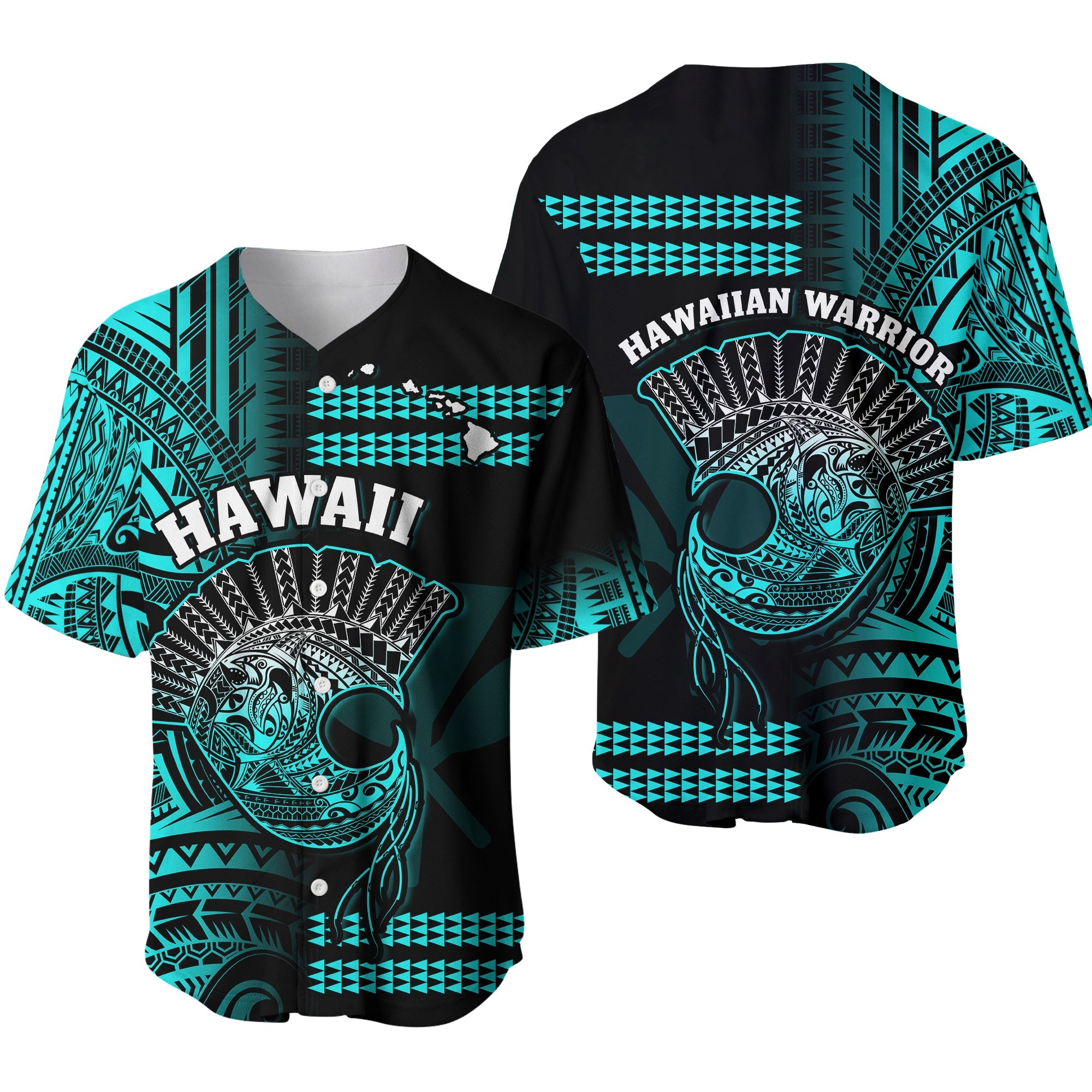 Hawaii Baseball Jersey Kakau Warrior Helmet Gradient Turquoise Polynesian Ver.01 LT14 Turquoise - Polynesian Pride