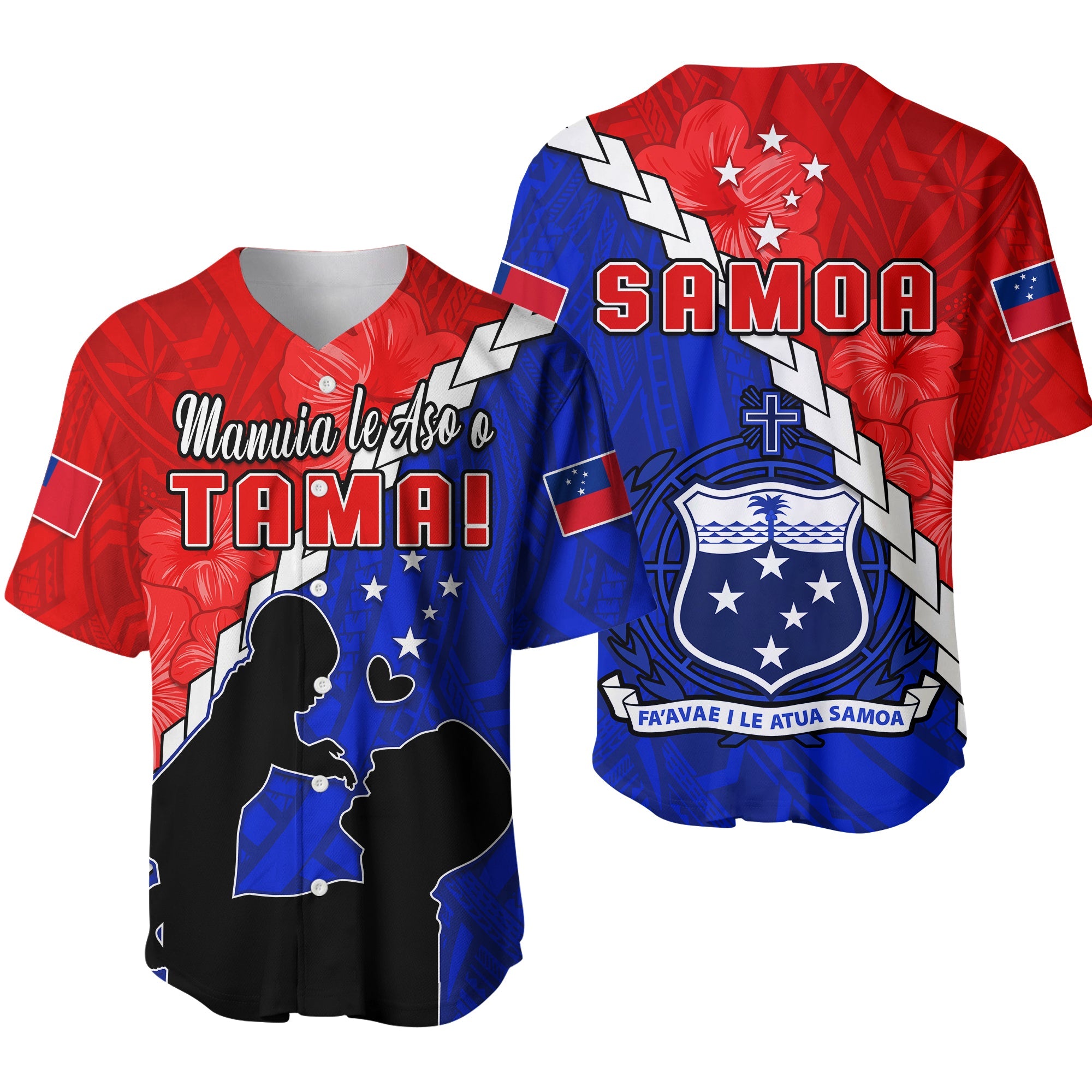 Happy Samoan Fathers Day Baseball Jersey Hibiscus Mix Polynesian Pattern LT14 Red - Polynesian Pride