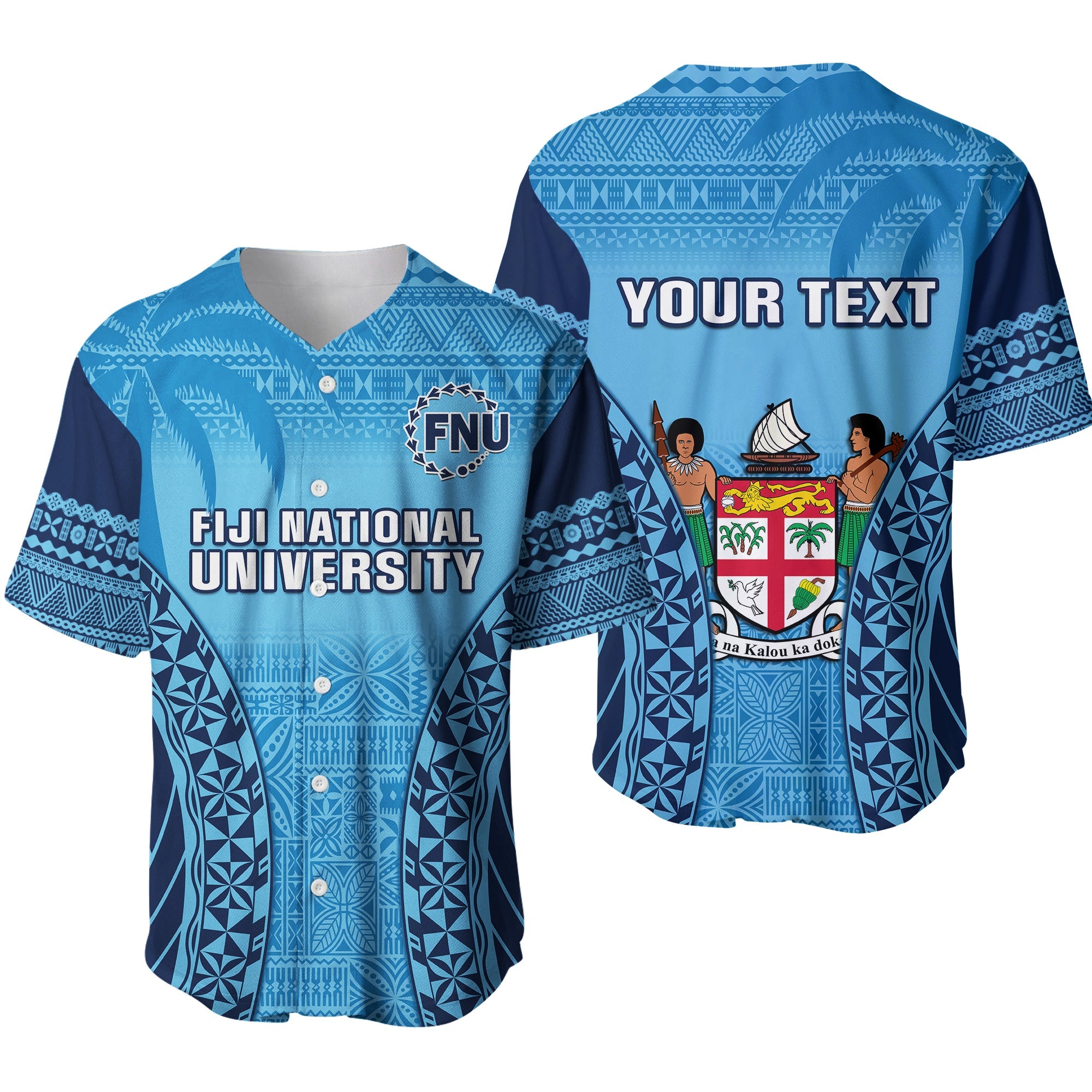 (Custom Personalised) Fiji University Baseball Jersey National Fijian Tapa Pattern Blue Ver.01 LT14 Blue - Polynesian Pride