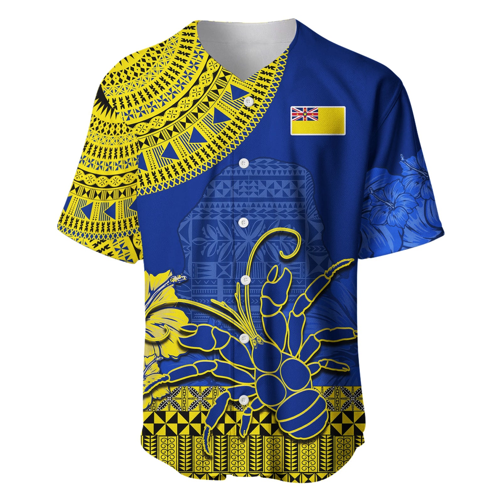 Niue Hiapo Baseball Jersey Rock of Polynesia Tapa Niuean Crab Happy Day LT13 Blue - Polynesian Pride