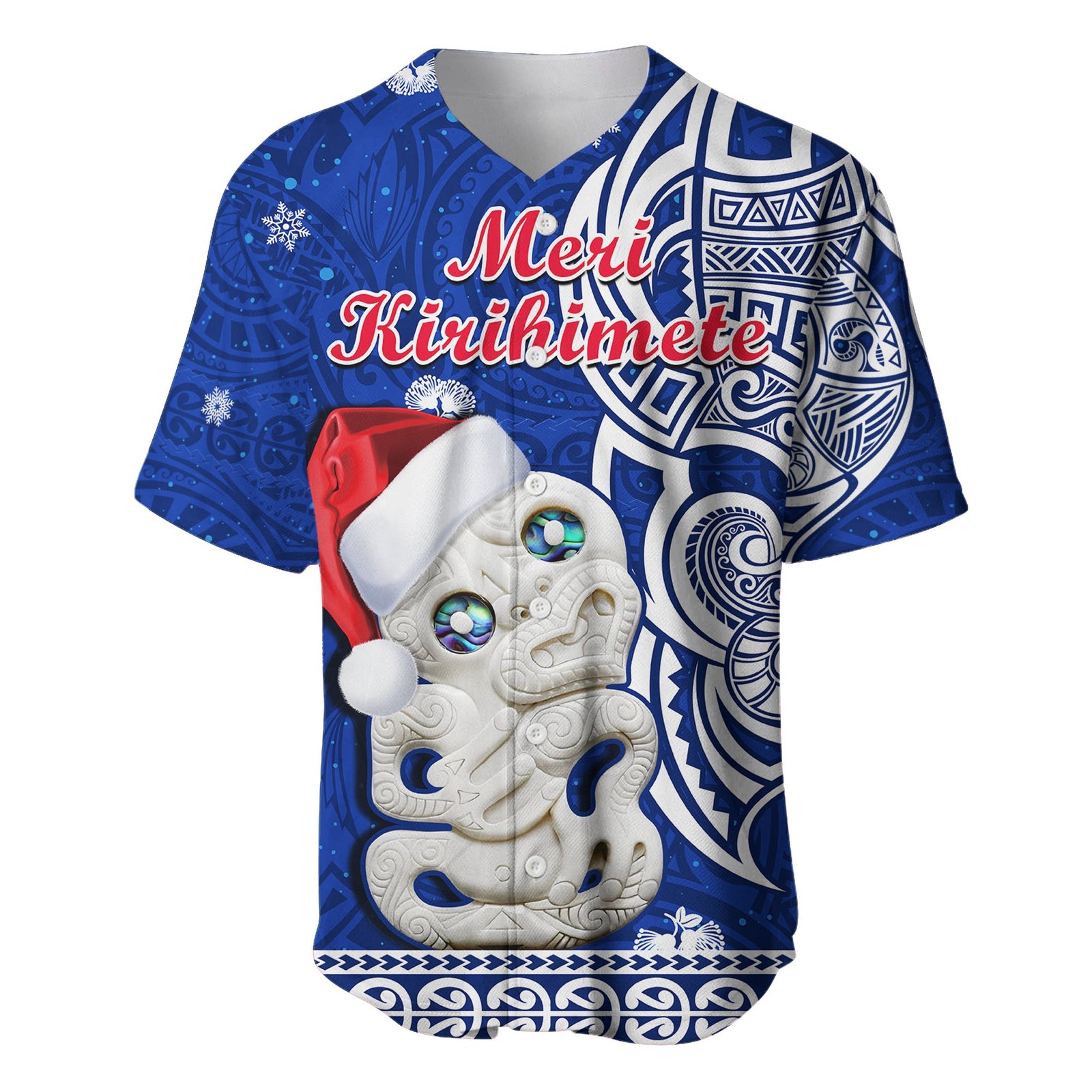 New Zealand Christmas Baseball Jersey Hei Tiki Blue Pohutukawa Meri Kirihimete LT14 Blue - Polynesian Pride