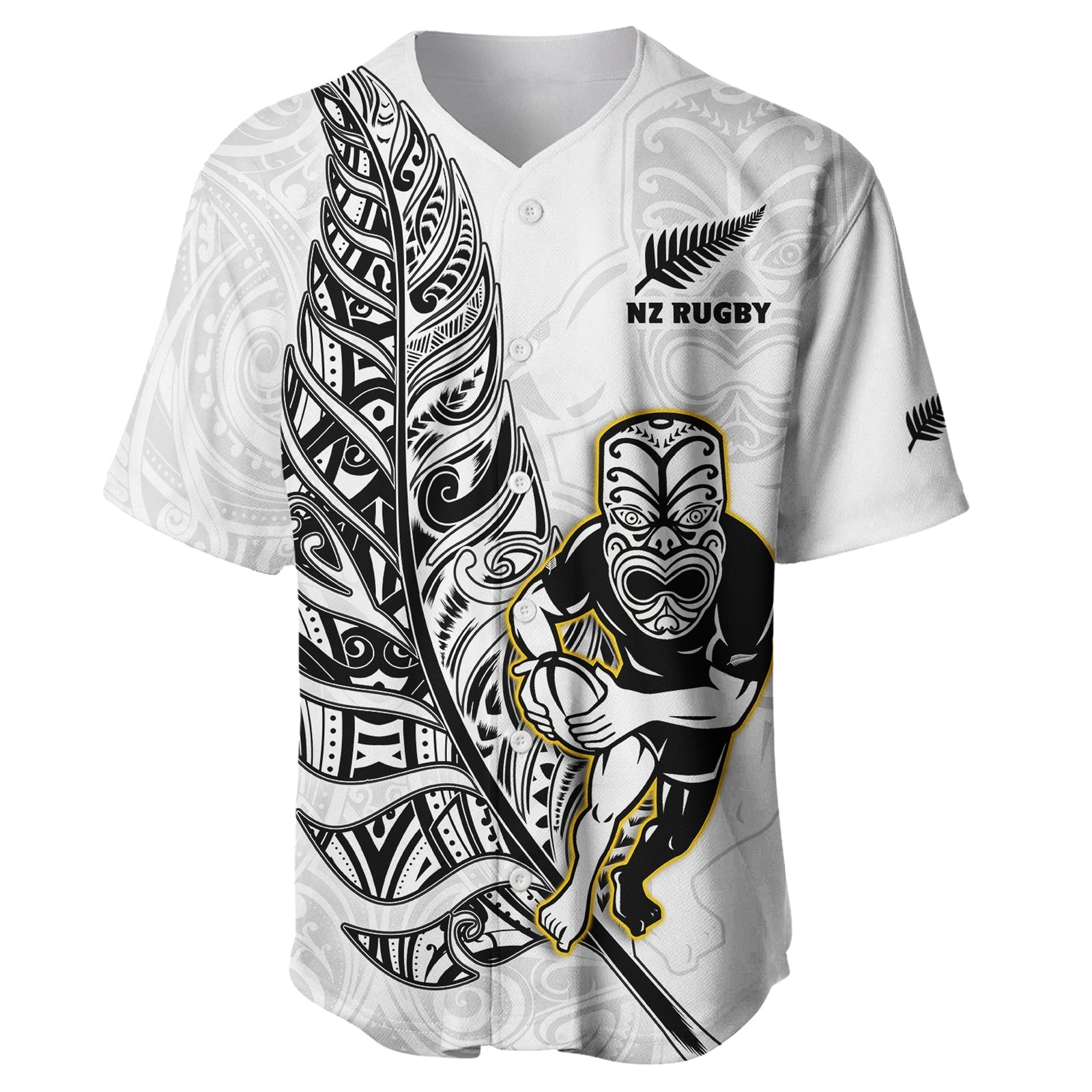 New Zealand Silver Fern Rugby Baseball Jersey All Black Maori Version White LT14 White - Polynesian Pride
