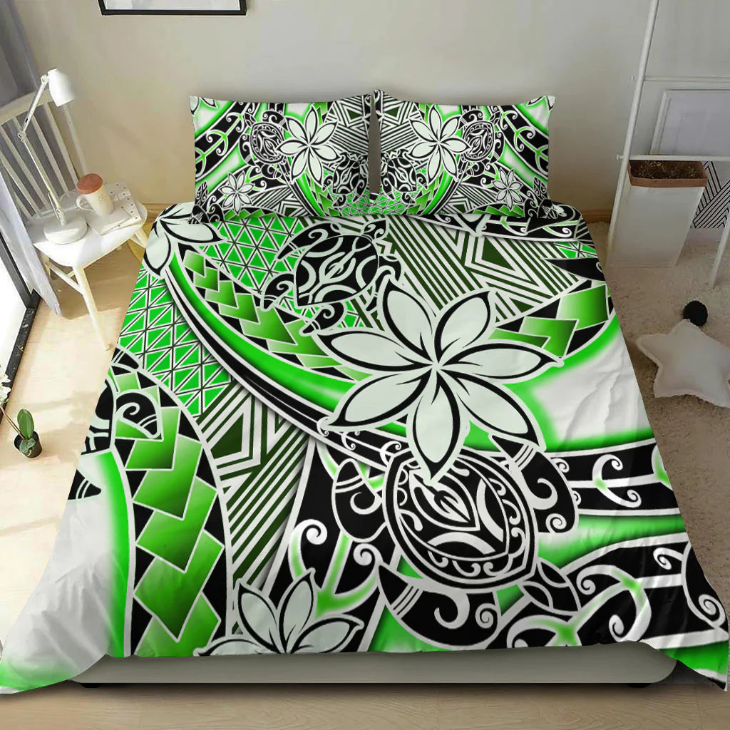 Hawaii Bedding Set Tribal Plumeria With Polynesian Turtle Ver.01 LT14 Green - Polynesian Pride