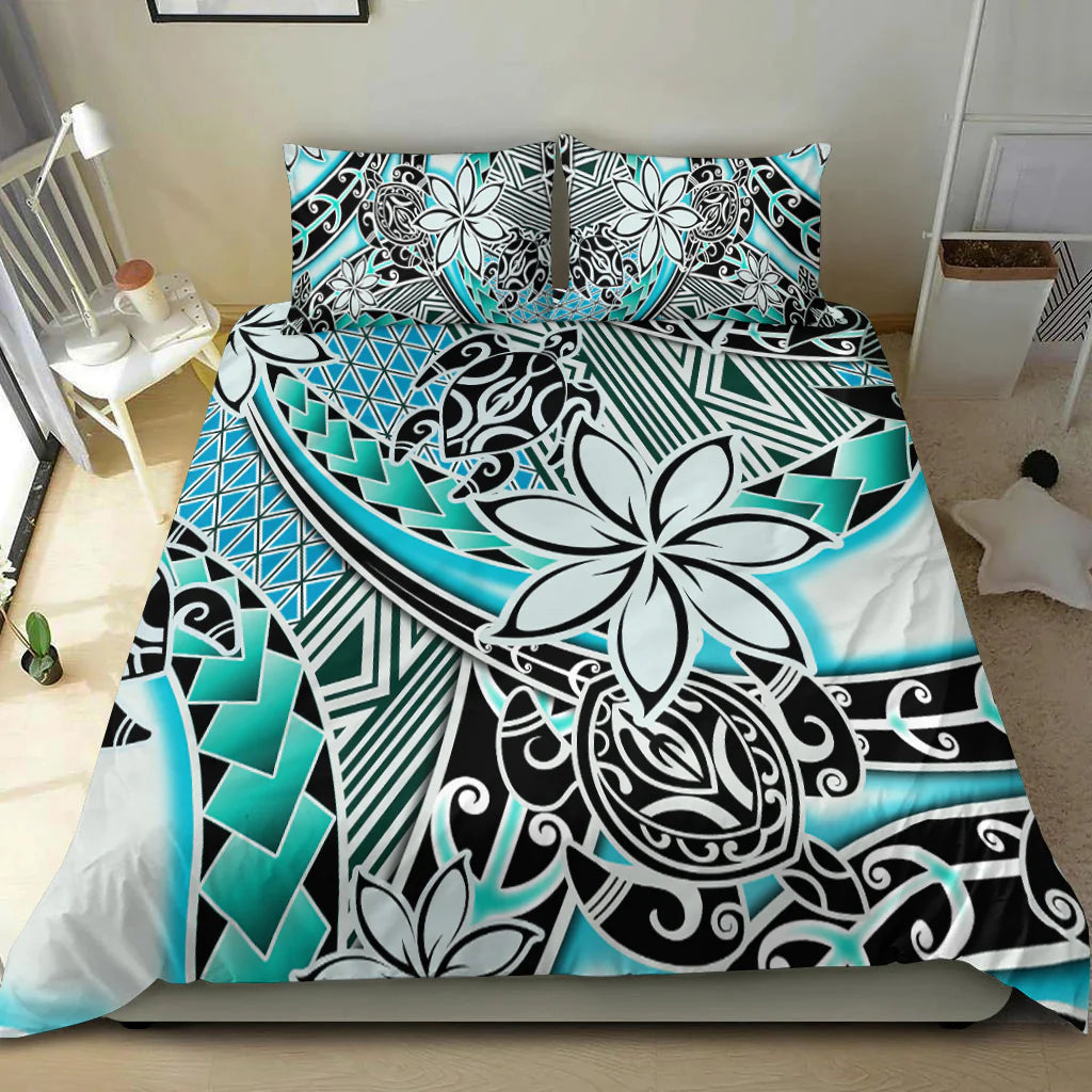 Hawaii Bedding Set Tribal Plumeria With Polynesian Turtle Ver.04 LT14 Turquoise - Polynesian Pride