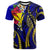 Hawaii T Shirt Blue Gold Tribal Pattern and Hibiscus Plumeria Unisex BLUE - Polynesian Pride