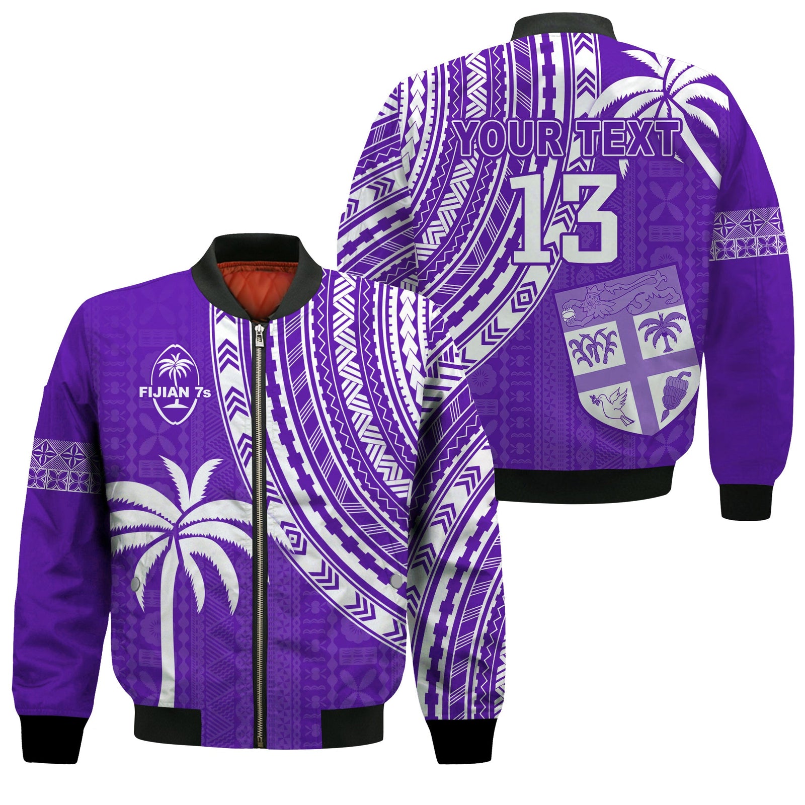 (Custom Text and Number) Fiji Rugby Sevens Bomber Jacket Fijian 7s Tapa Polynesian Purple LT13 Unisex Purple - Polynesian Pride