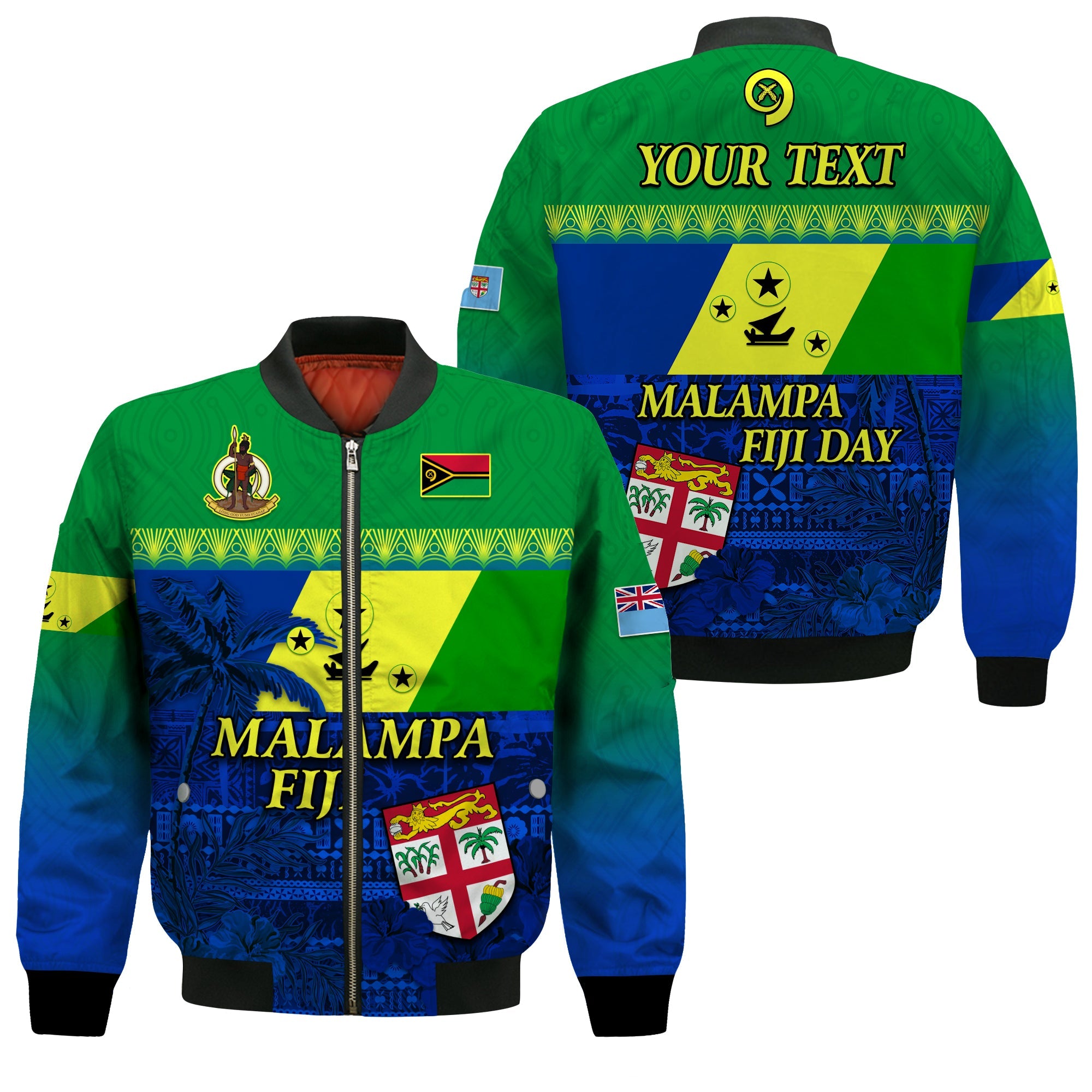 (Custom Personalised) Malampa Fiji Day Bomber Jacket Vanuatu Polynesia mix Flowers LT13 Unisex Green - Polynesian Pride