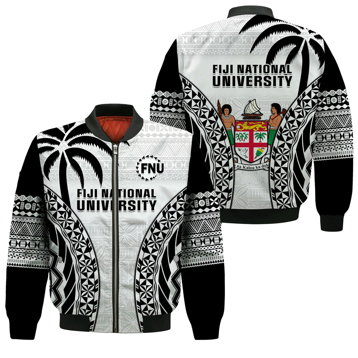 Fiji University Bomber Jacket National Fijian Tapa Pattern White LT14 Unisex White - Polynesian Pride