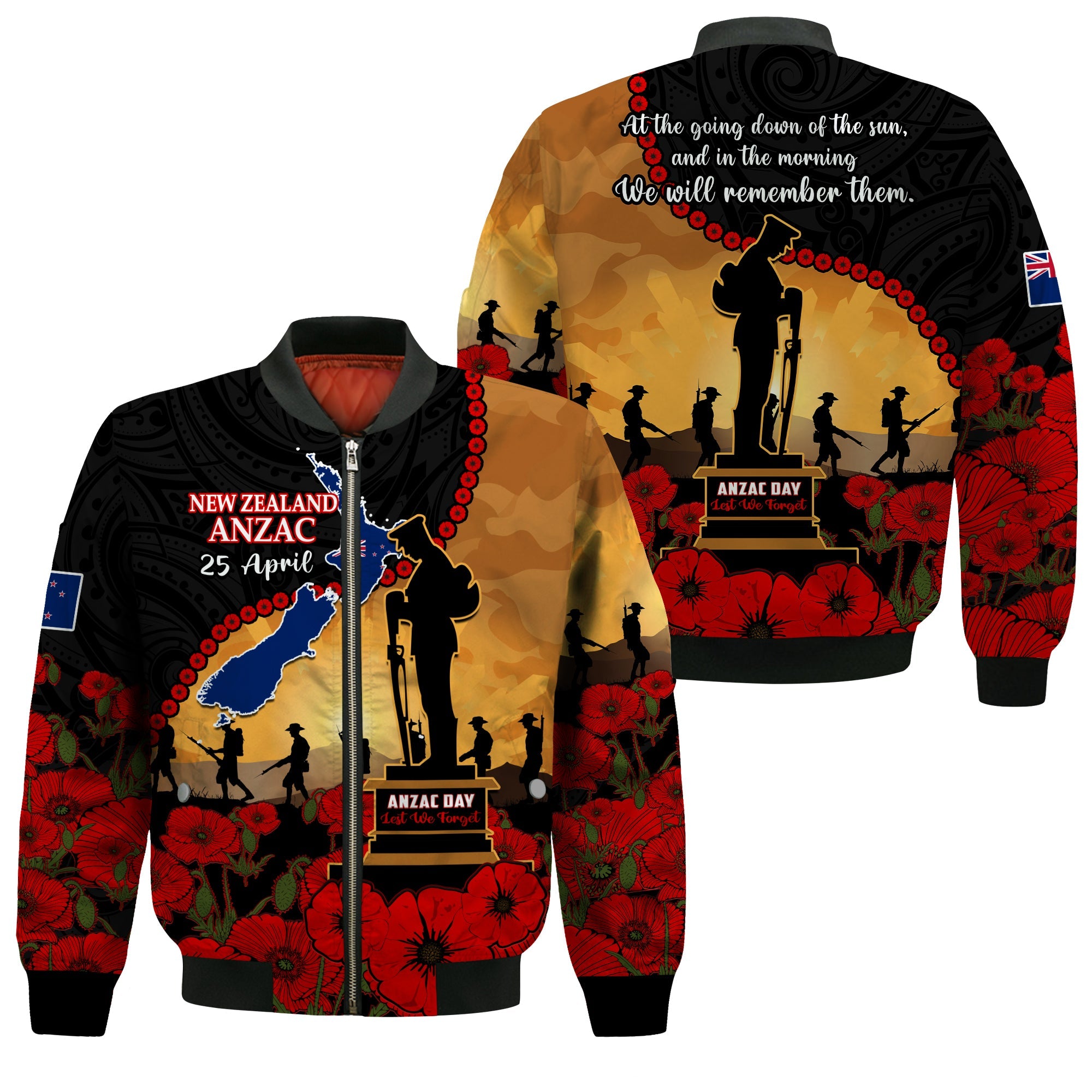 New Zealand Anzac Bomber Jacket Maori Camouflage Mix Poppies We Will Remember Them LT14 Unisex Black - Polynesian Pride