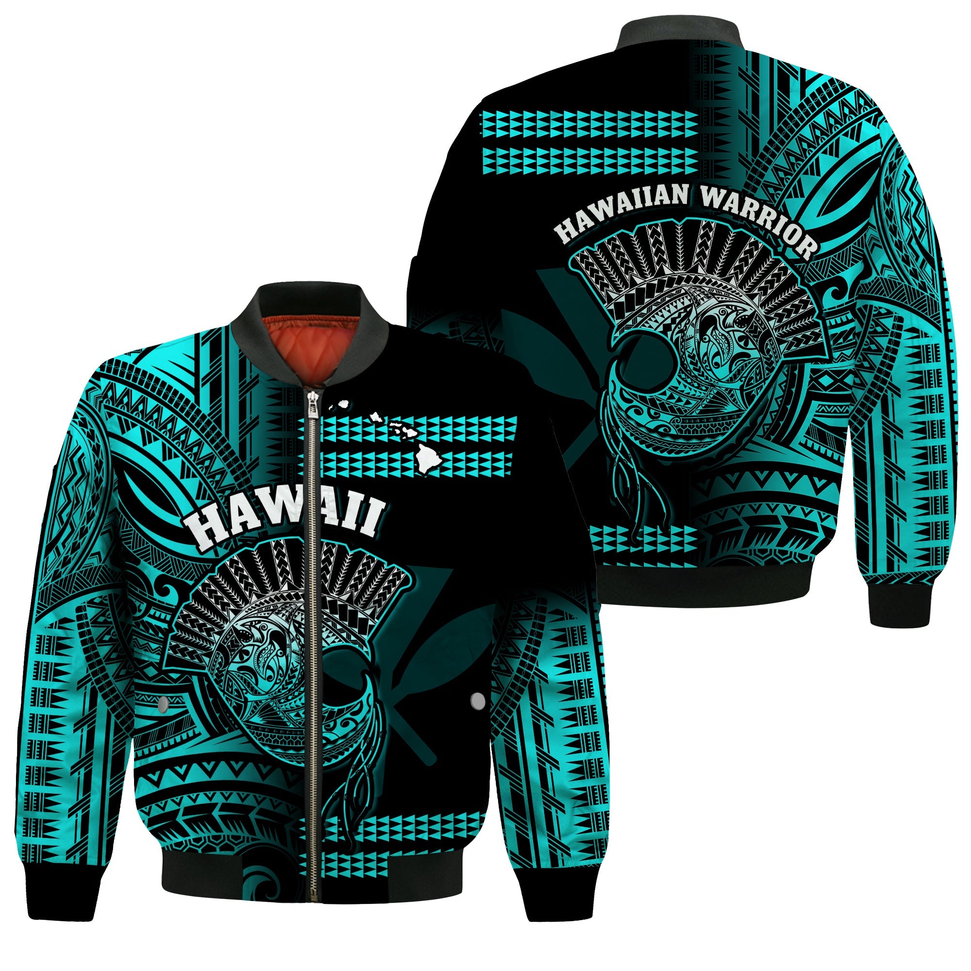 Hawaii Bomber Jacket Kakau Warrior Helmet Gradient Turquoise Polynesian LT14 Unisex Turquoise - Polynesian Pride