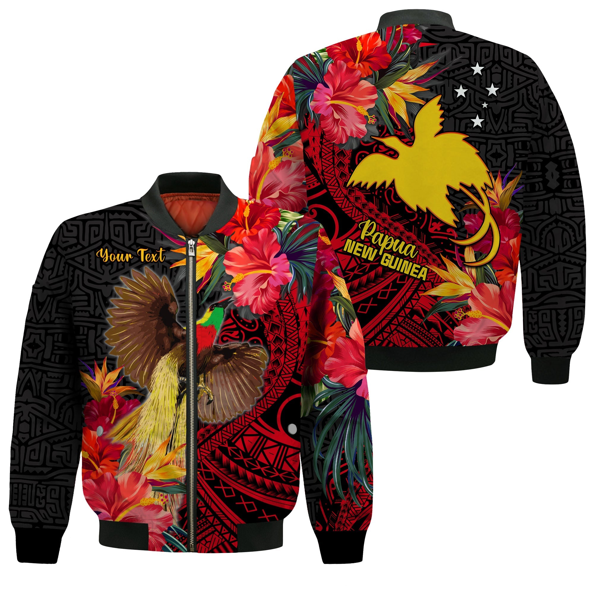 (Custom Personalised) Papua New Guinea Bomber Jacket Bird of Paradise LT13 Unisex Black - Polynesian Pride