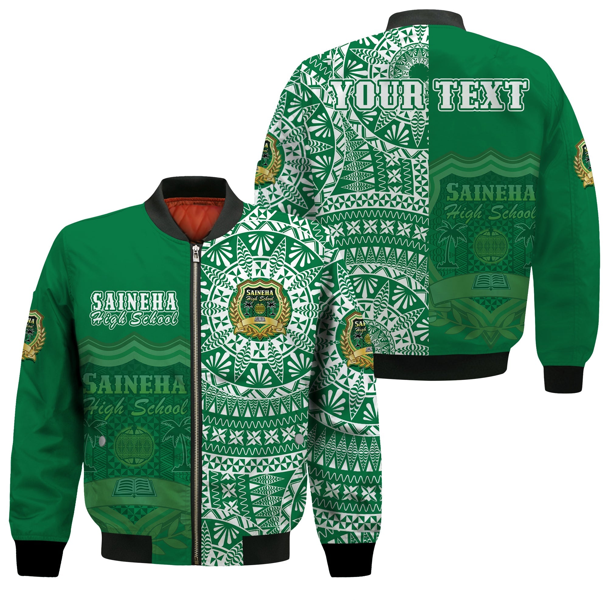 (Custom Personalised) Tonga Saineha High School Bomber Jacket Tongan Ngatu Pattern LT14 Unisex Green - Polynesian Pride