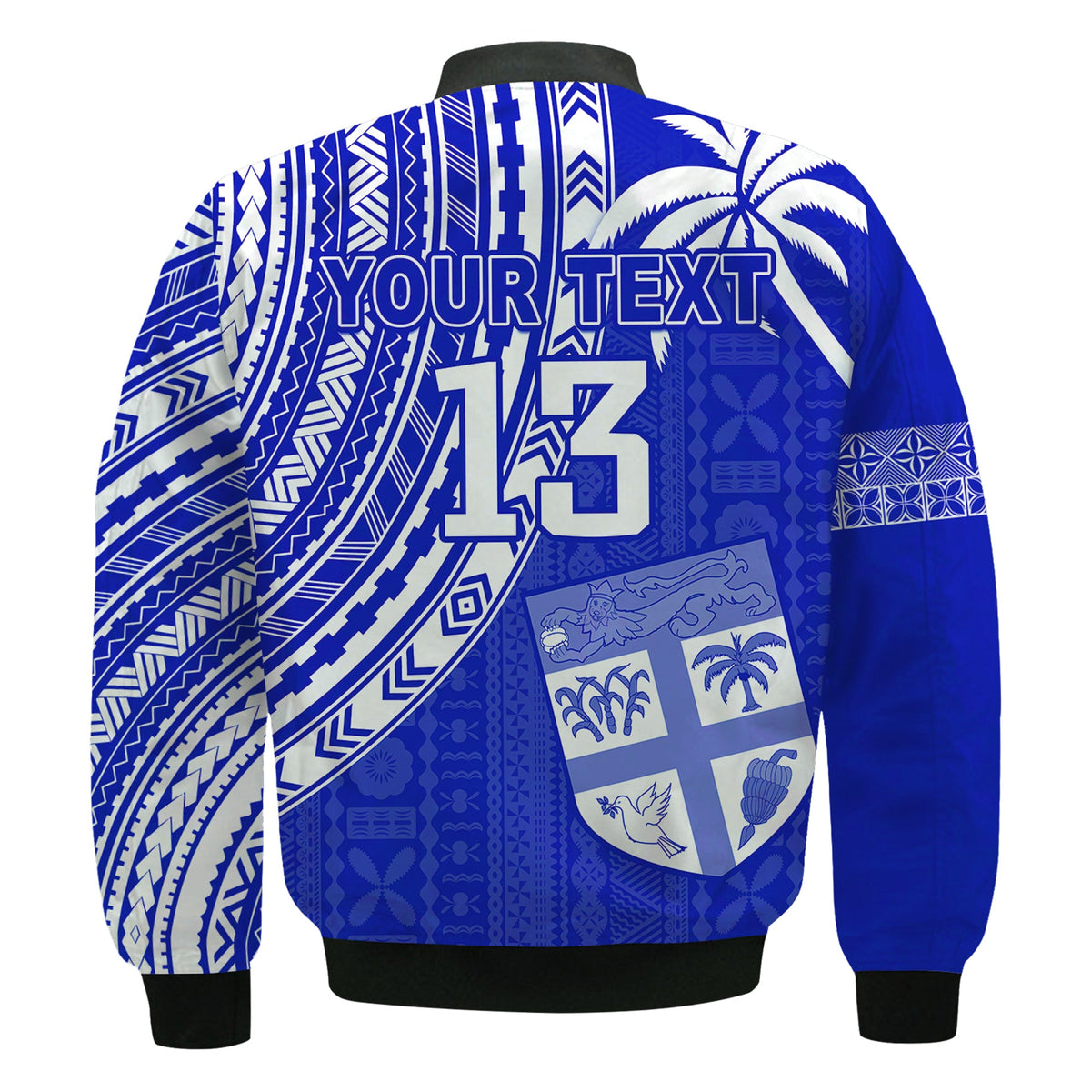 (Custom Text and Number) Fiji Rugby Sevens Bomber Jacket Fijian 7s Tapa Polynesian Blue Ver.02 LT13 - Polynesian Pride