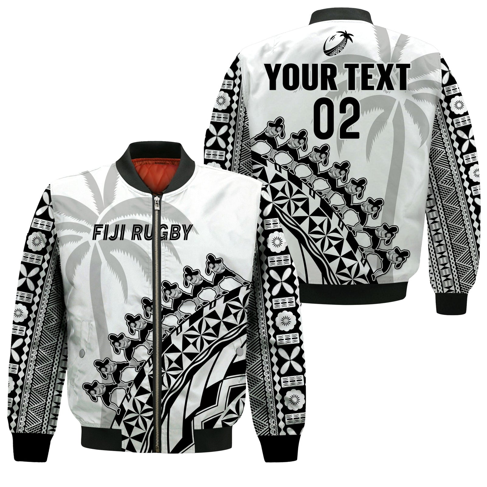 (Custom Text And Number) Fiji Rugby Bomber Jacket Fijian Cibi Dance Tapa Pattern White LT14 Unisex White - Polynesian Pride