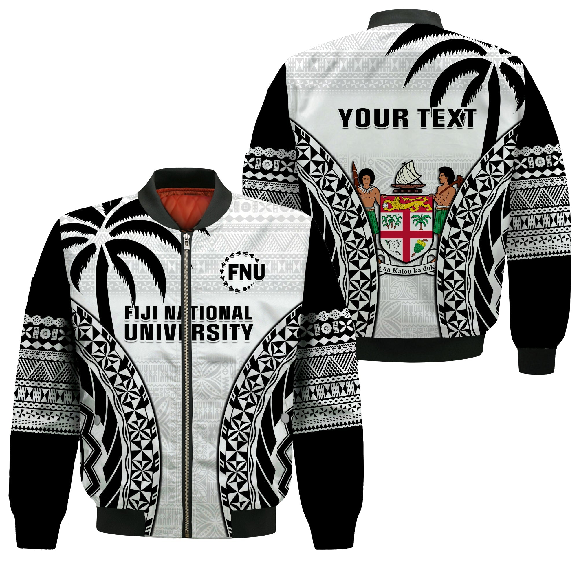 (Custom Personalised) Fiji University Bomber Jacket National Fijian Tapa Pattern White LT14 Unisex White - Polynesian Pride