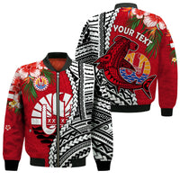 (Custom Personalised) Tahiti Islands Bomber Jacket Polynesian Shark Mix Tropical Flowers LT14 Unisex Red - Polynesian Pride