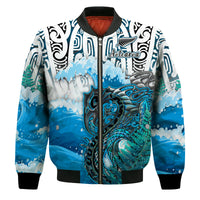 (Custom Personalised) Manaia Maori Bomber Jacket Fern Aotearoa Blue Waves LT13 Unisex Blue - Polynesian Pride
