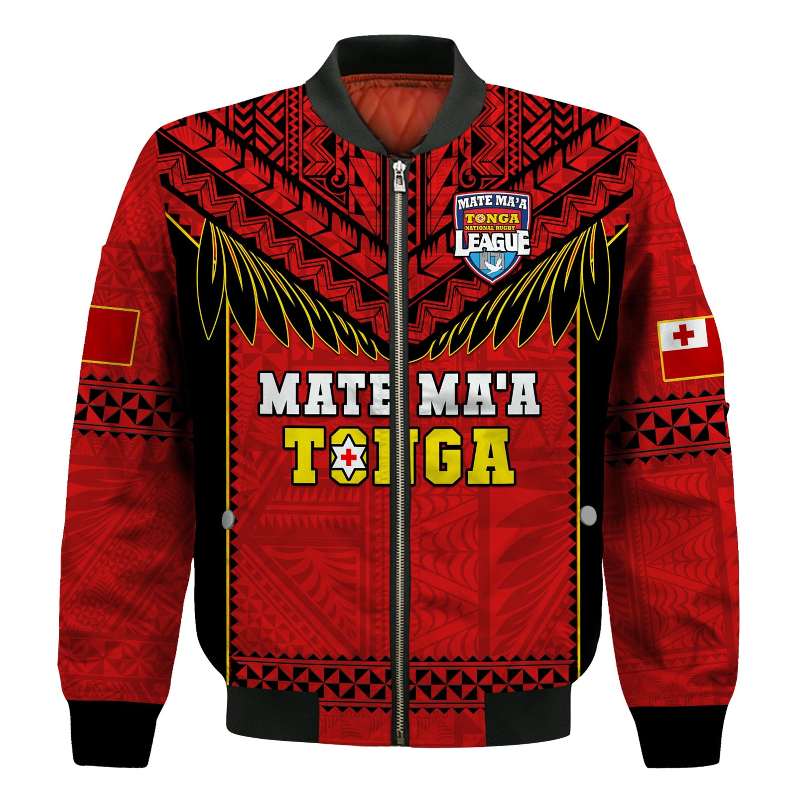 Tonga Rugby Bomber Jacket Mate Maa Tonga Pacific Ngatu Black LT14 Unisex Red - Polynesian Pride