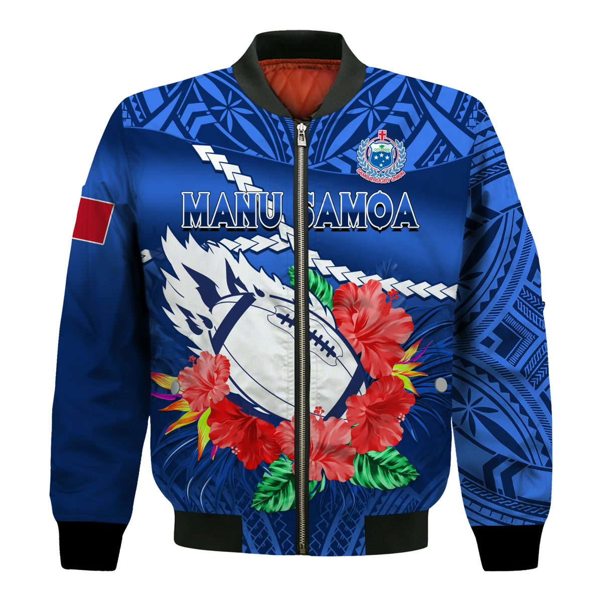 Samoa Rugby Bomber Jacket Manu Samoa Polynesian Hibiscus Blue Style LT14 - Polynesian Pride