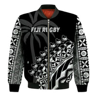 (Custom Text And Number) Fiji Rugby Bomber Jacket Fijian Cibi Dance Tapa Pattern Black LT14 - Polynesian Pride