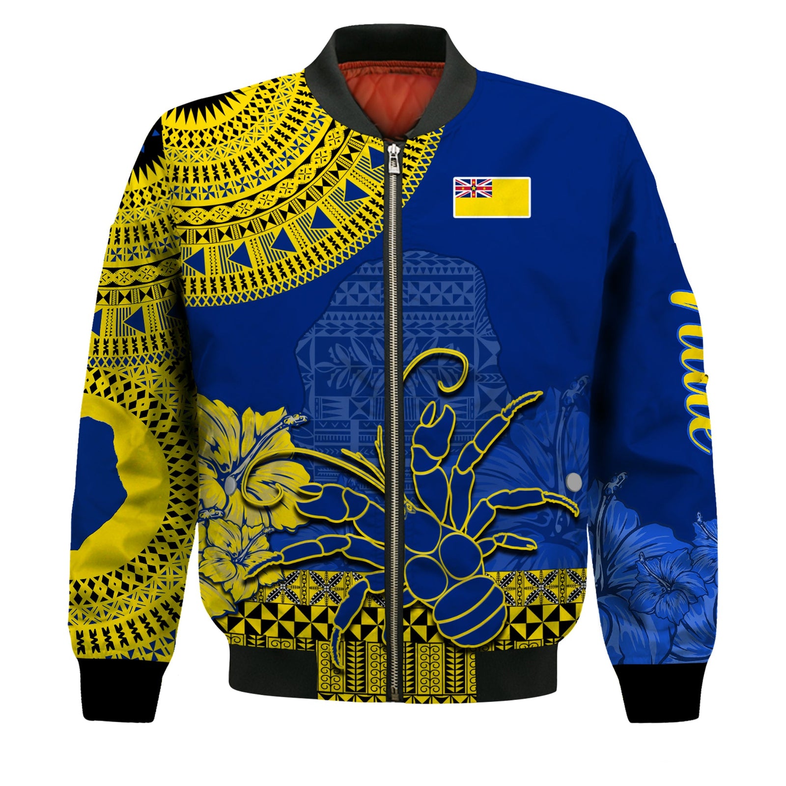 Niue Hiapo Bomber Jacket Rock of Polynesia Tapa Niuean Crab Happy Day LT13 Unisex Blue - Polynesian Pride