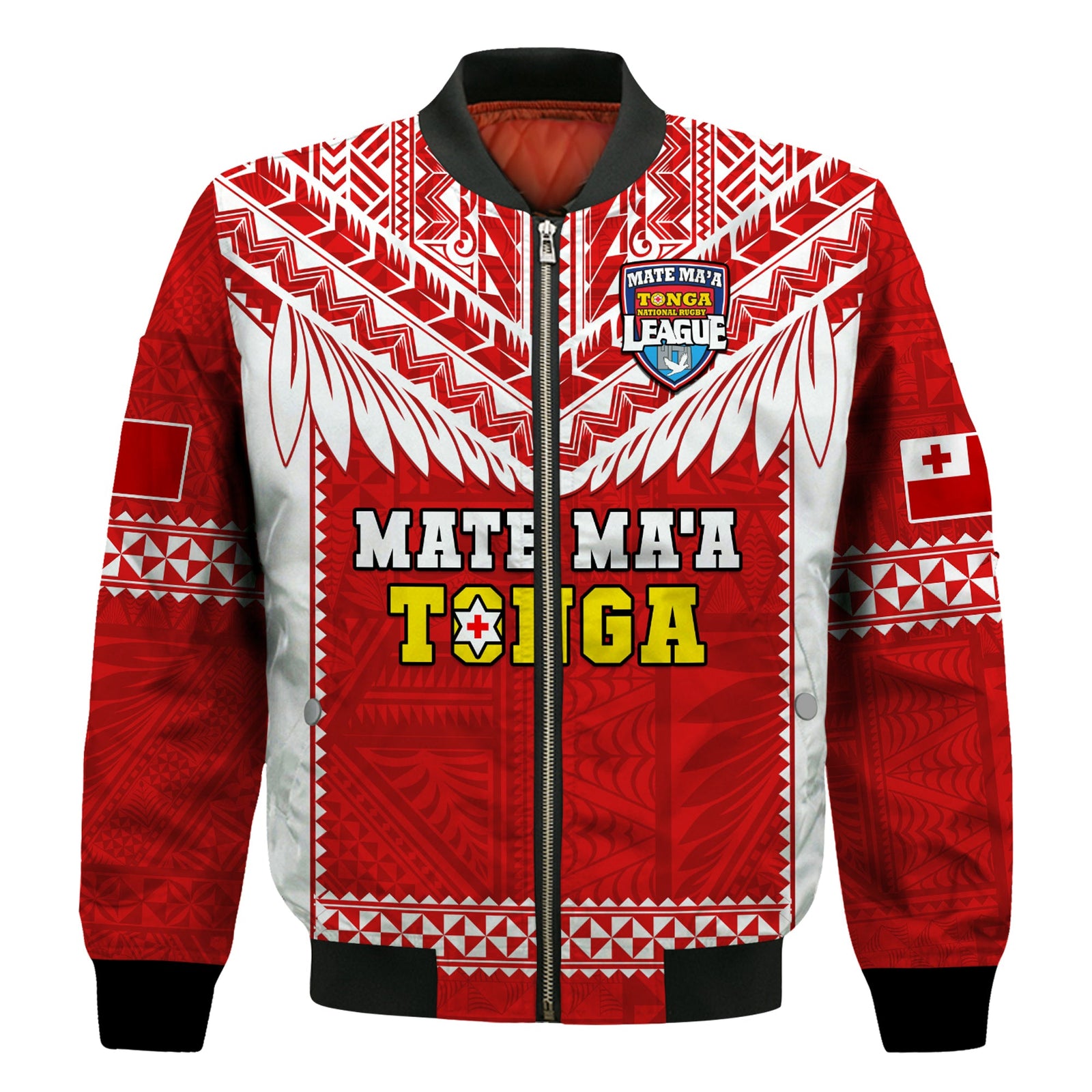 Tonga Rugby Bomber Jacket Mate Maa Tonga Pacific Ngatu White LT14 Unisex Red - Polynesian Pride