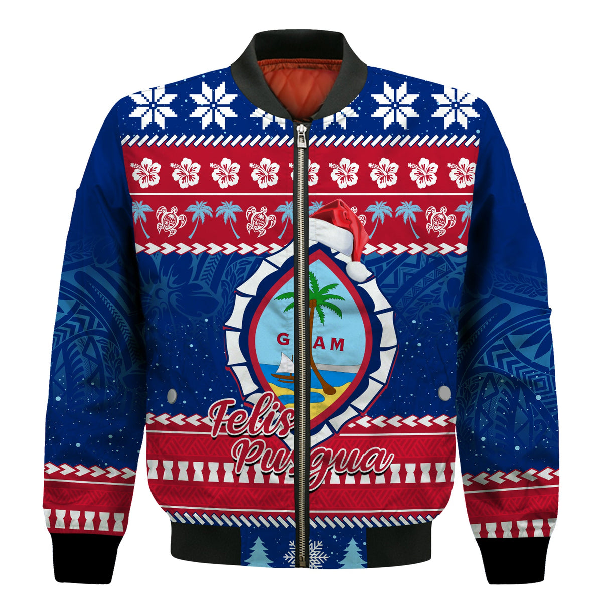 (Custom Personalised) Guam Christmas Bomber Jacket Guaman Seal Polynesian Felis Pusgua Ver.04 LT14 Unisex Blue - Polynesian Pride