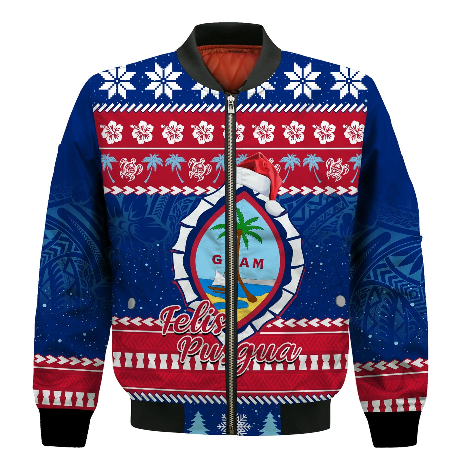 (Custom Personalised) Guam Christmas Bomber Jacket Guaman Seal Polynesian Felis Pusgua Ver.04 LT14 Unisex Blue - Polynesian Pride