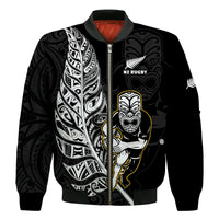 New Zealand Silver Fern Rugby Bomber Jacket All Black Maori Version Black LT14 Unisex Black - Polynesian Pride
