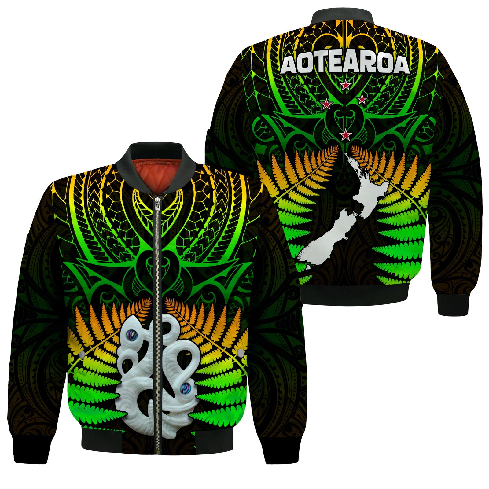 Aotearoa Fern Bomber Jacket New Zealand Hei Tiki Special Style LT13 Unisex Green - Polynesian Pride