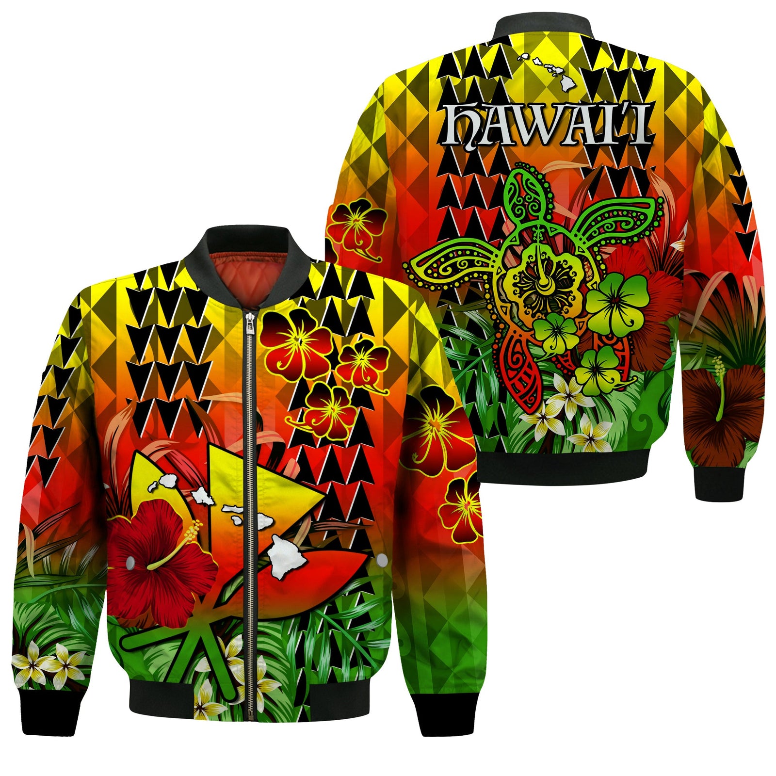 Hawaii Flowers Bomber Jacket Color Tribal Pattern Hawaiian LT13 Unisex Reggae - Polynesian Pride