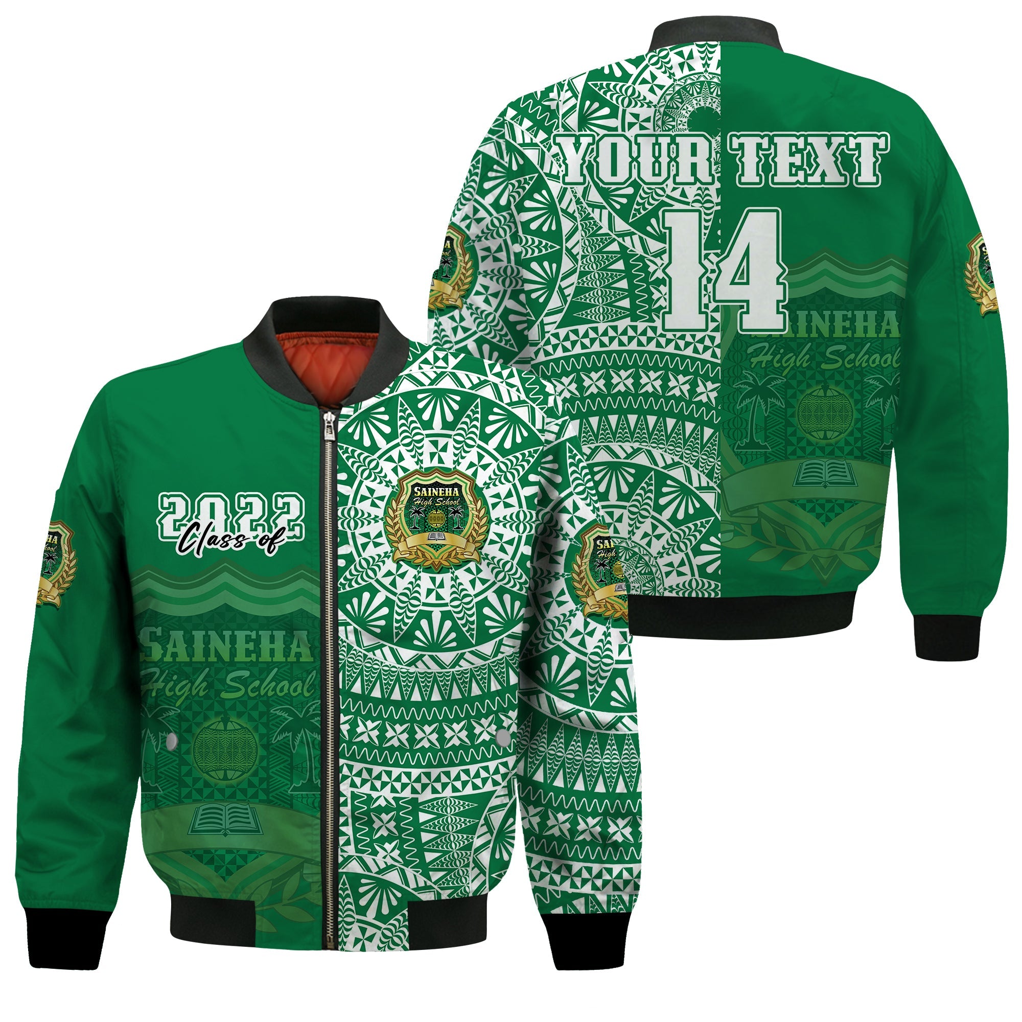 (Custom Text And Number) Tonga Saineha High School Bomber Jacket Class Of Year Tongan Ngatu Pattern LT14 Unisex Green - Polynesian Pride