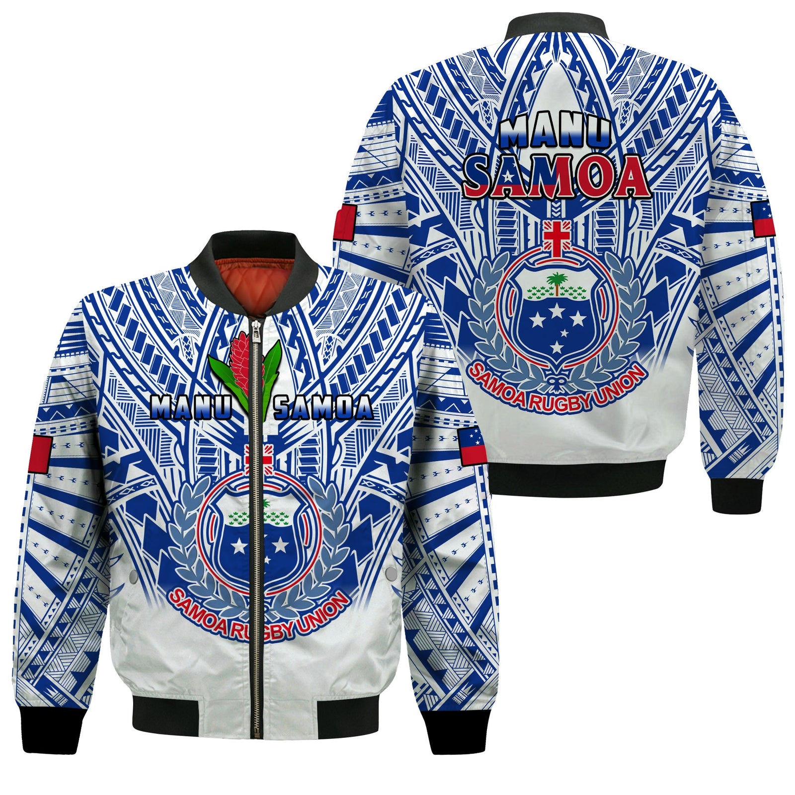Samoa Rugby Bomber Jacket Manu Samoa 7s Ginger White Polynesian LT14 Unisex White - Polynesian Pride