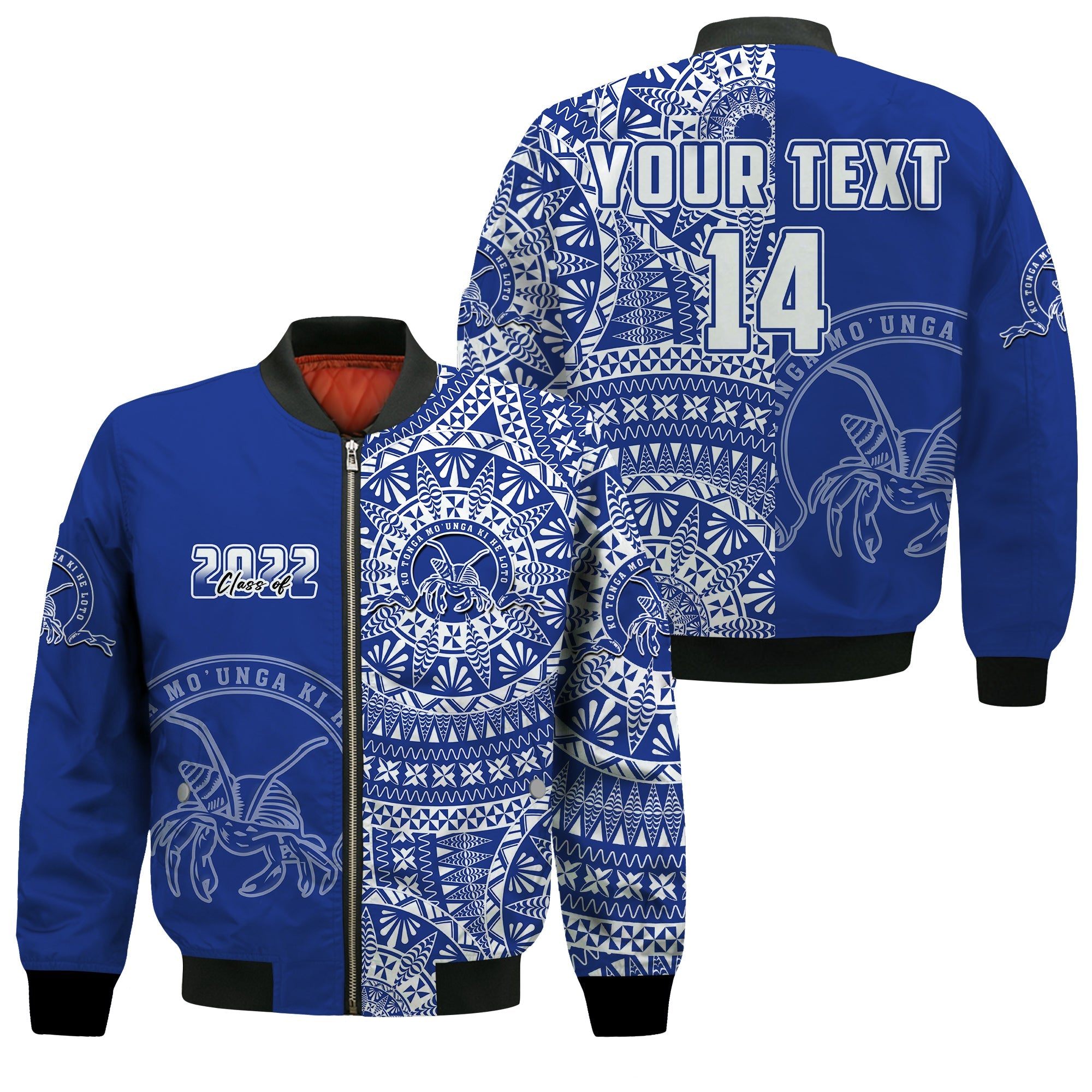 (Custom Text And Number) Tupou Tonga College Bomber Jacket Class Of Year Tongan Ngatu Pattern LT14 Unisex Blue - Polynesian Pride