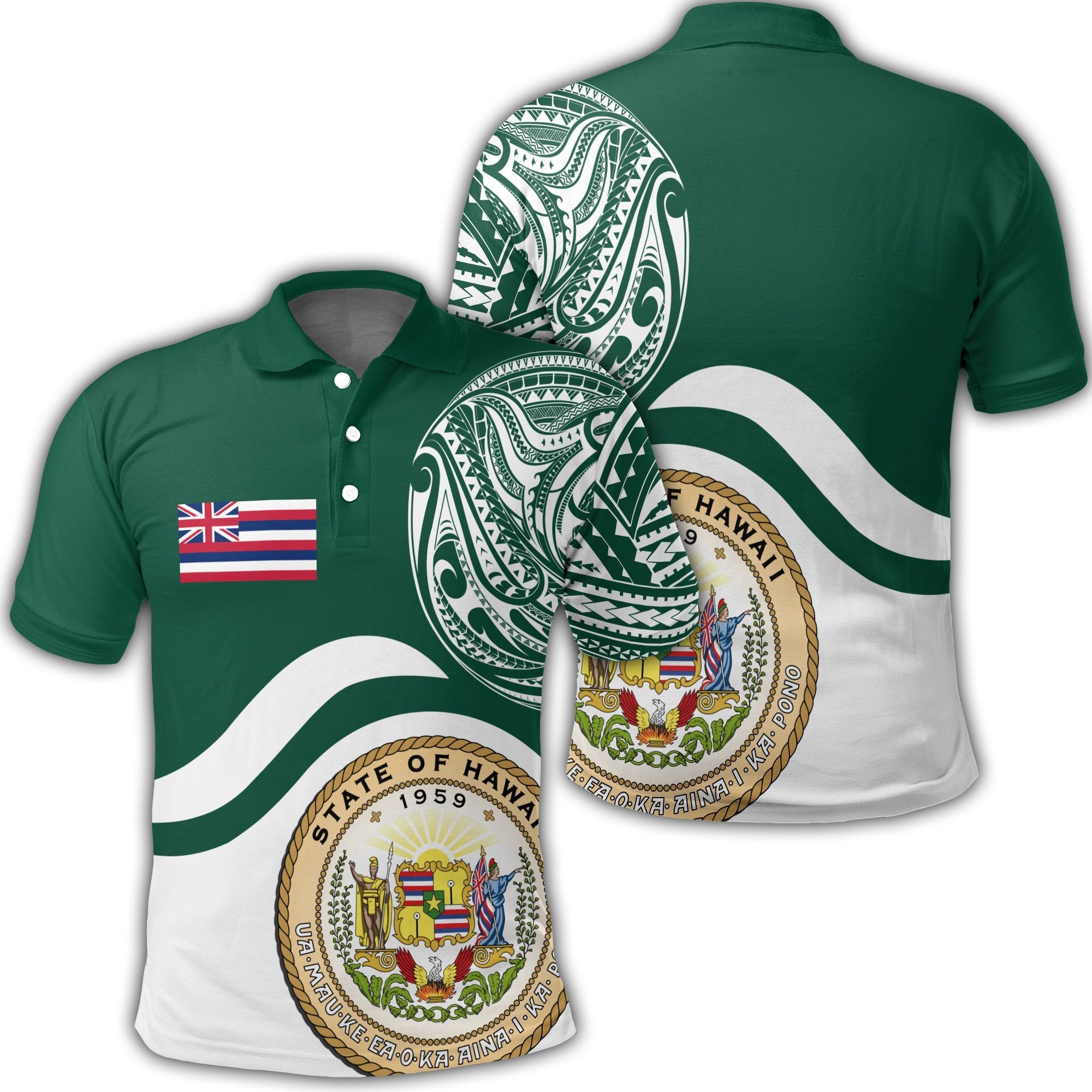 Hawaii Coat Of Arms Polo Shirt Waveshape Style Unisex Green - Polynesian Pride