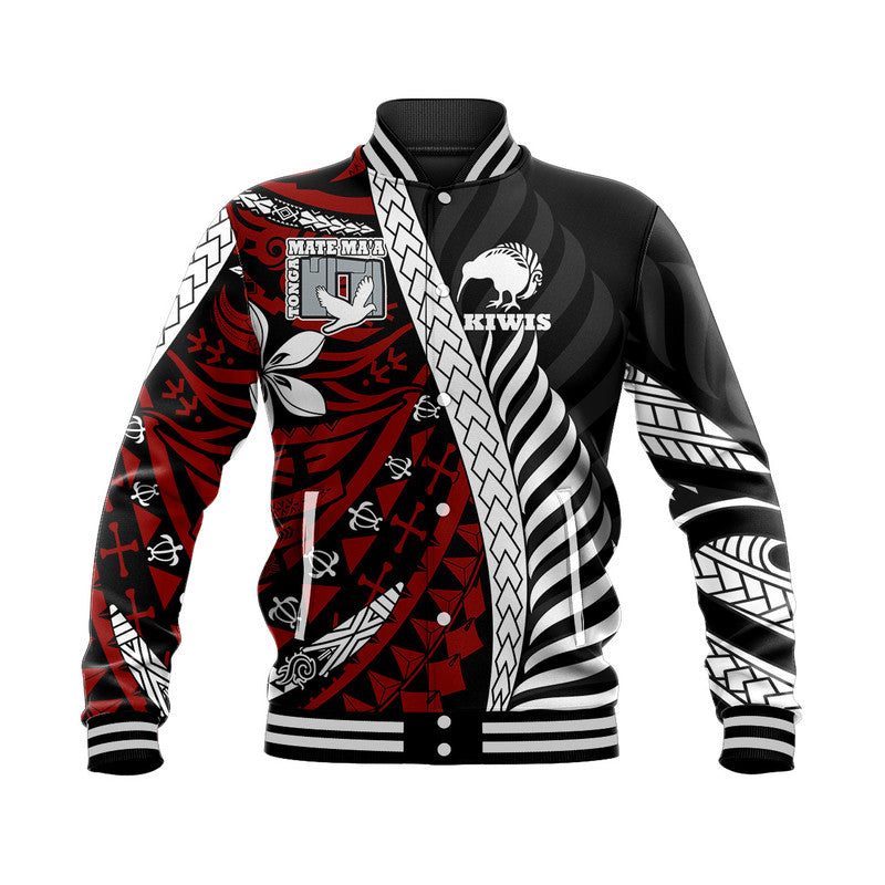 Mate Ma'a Tonga Mixed Aotearoa Kiwis Rugby Baseball Jacket Silver Fern Mixed Polynesian Style LT9 Unisex Black - Polynesian Pride