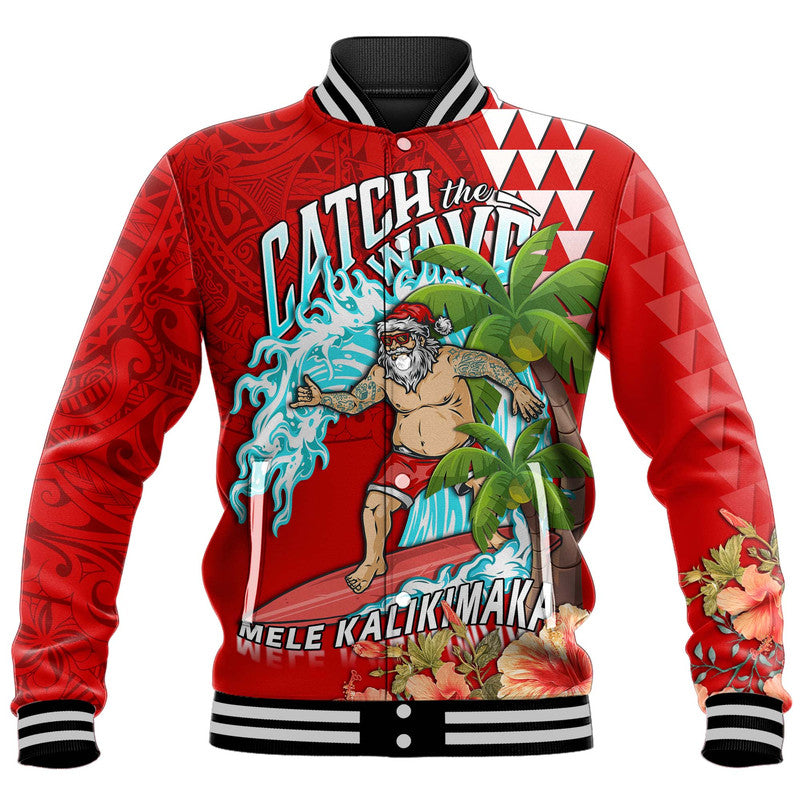 Hawaii Mele Kalikimaka Baseball Jacket Santa Claus Surfing Xmas Time LT9 Unisex Red - Polynesian Pride