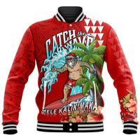 Hawaii Mele Kalikimaka Baseball Jacket Santa Claus Surfing Xmas Time LT9 Unisex Red - Polynesian Pride