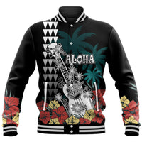 Hawaii Ukulele Mix Hibiscus and Coconut Tree Baseball Jacket Aloha Vintage Black Version LT9 Unisex Black - Polynesian Pride