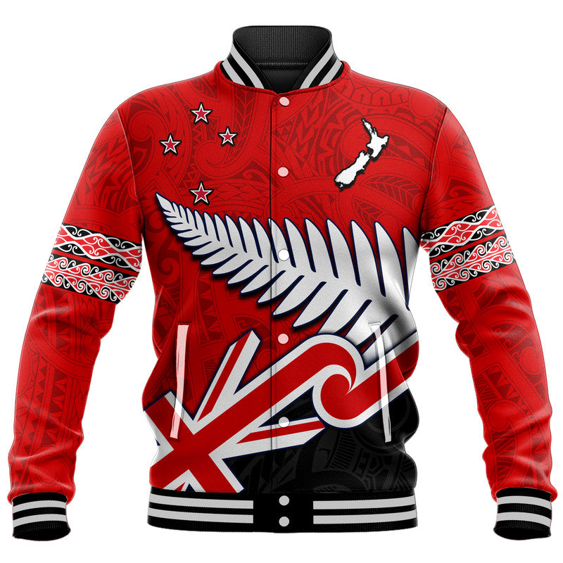 Waitangi Baseball Jacket Aotearoa Tino Rangatiratanga Flag with Silver Fern LT9 Unisex Red - Polynesian Pride