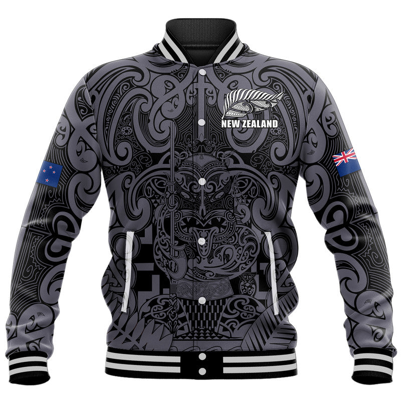 New Zealand Taiaha Maori Baseball Jacket Minimalist Silver Fern All Black LT9 Unisex Black - Polynesian Pride