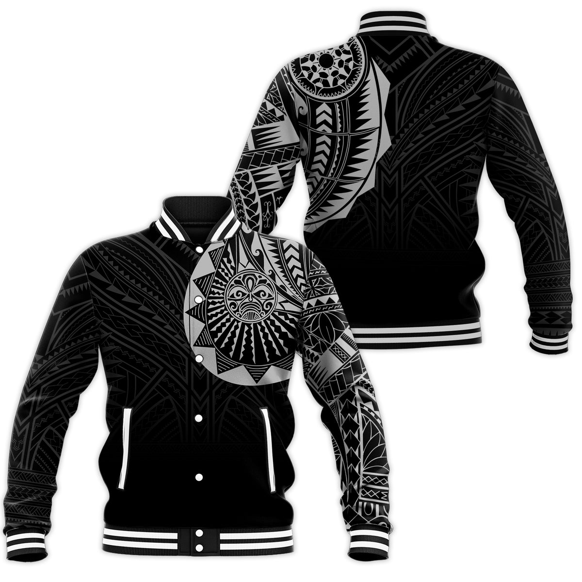 Polynesian Full Sleeve Tattoo Baseball Jacket Silver Vibes LT7 Unisex Black - Polynesian Pride