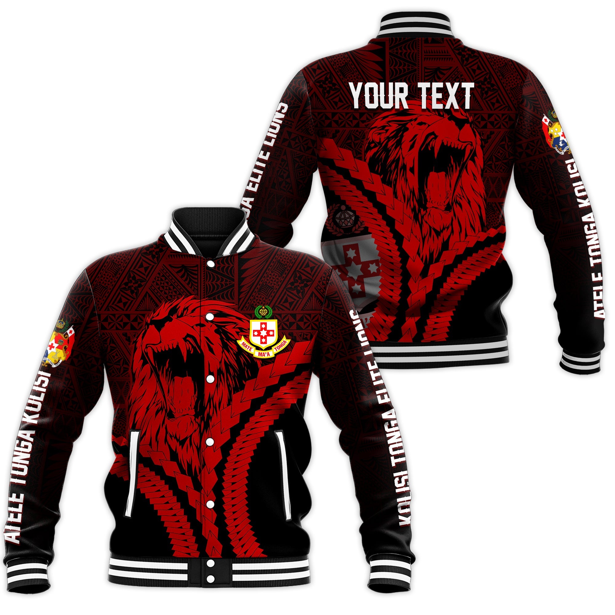 Kolisi Tonga 'Atele Personalised Baseball Jacket Roaring Lion LT7 Unisex Black - Polynesian Pride