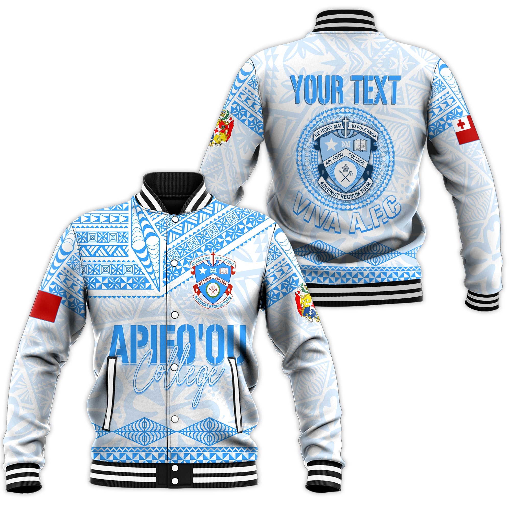 Personalised Tonga Apifo'ou College Baseball Jacket Viva AFC - White LT7 Unisex White - Polynesian Pride