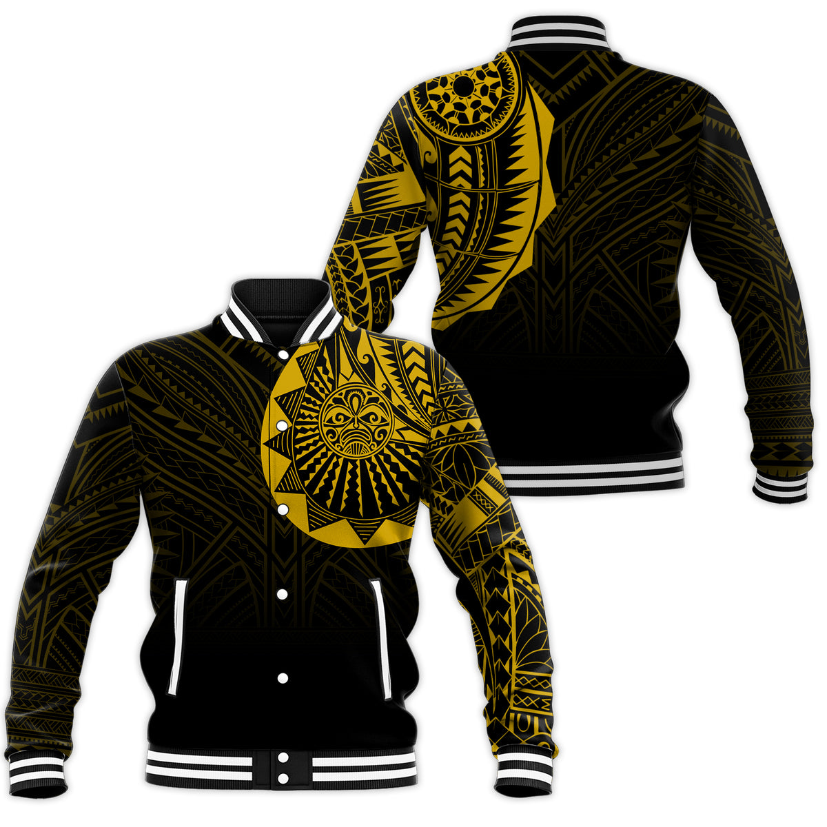 Polynesian Full Sleeve Tattoo Baseball Jacket Gold Vibes LT7 Unisex Black - Polynesian Pride