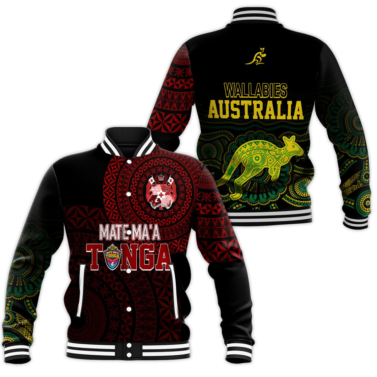 Personalised Aussie Wallabies Mix Mate Maa Tonga Baseball Jacket Ver 01 LT7 Unisex Black - Polynesian Pride