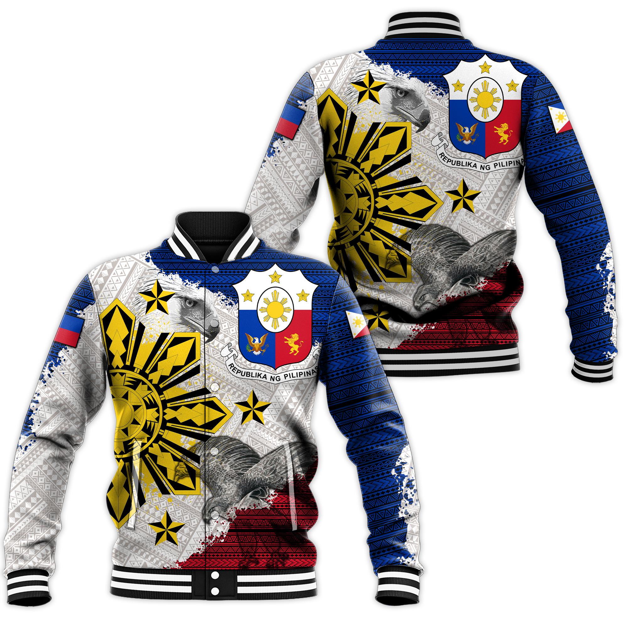 Philippines Filipino Tribal Eagle Baseball Jacket - LT2 Unisex WHITE - Polynesian Pride